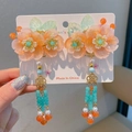 Traditional Chinese pink peach blossom hair clips with long tassels and pearl beads - Yulouchun Orange Clips