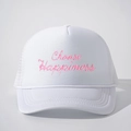 White mesh trucker cap with pink embroidered Choose Happiness text for casual wear - One Size / White