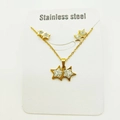 Golden stainless steel jewelry set featuring layered double pentagram star pendants with crystals - Double Stars / Gold