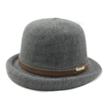 Chic grey knit bowler hat with a brown leather decorative band and golden metal buckle - M (56-58cm) / Gray