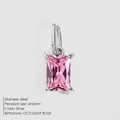Rectangular pink zircon pendant in stainless steel silver finish for DIY jewelry - October Pink / Silver
