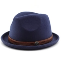Classic dark blue fedora hat with brown embossed leather band and sunflower metal stud - M(56-58cm) / Navy Blue