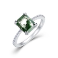 Unique natural moss agate ring in S925 sterling silver with rectangular green gemstone - US6# / Silver