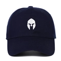 Close-up of deep blue cotton baseball cap featuring a white embroidered gladiator helmet - Navy Blue / Adjustable