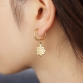 Golden titanium steel hoop earrings with a vintage sun pendant for a retro look - Personified Sun Face Pendant Earrings (E279-GO)