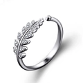 Adjustable silver feather ring featuring delicate pave cubic zirconia sparkling stones - Feather Leaf Pave / Platinum Color-Leaf
