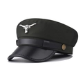 Detail of silver bull head emblem on dark green cotton fiddler cap with leather brim - M (56-58cm) / Army Green (Bull Head)