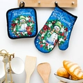 Blue snowman print oven mitt and pot holder set with Merry Christmas text pattern - Blue Base Snowman (Merry Christmas)