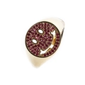 Macro detail of smiley face ring with micro-paved red zircons and gold plated finish - Adjustable Open / Gold Seal Rose Red Zirconia Base Smile Face