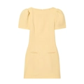 Close-up of light yellow mini dress with retro puff sleeves and decorative flap pockets - S / Yellow