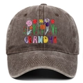 Charcoal grey washed cotton baseball cap with colorful GRANDMA floral embroidery - Adjustable / Coffee