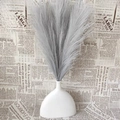 White ceramic vase with fluffy grey pampas grass bouquet on vintage newspaper background - Light Gray