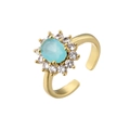 18K gold plated flower ring with oval light blue gemstone and micro paved zircon stones - Gold Band/Light Blue Gemstone