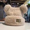 Beige faux shearling hat with cute bear ears and metallic Somers Fashion leather patch - Gold Label Bear-Beige