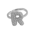 Adjustable silver letter R open ring with micro-paved cubic zirconia balloon style - Adjustable Open / Silver-R