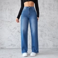 High-waist jeans met wijde pijpen in lichtblauw met een trendy onafgewerkte zoom - S / Blauw