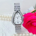 Silver snake-head quartz watch with crystal bezel and scale texture band for women - Silver Case White Dial