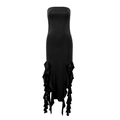 Detail of black tube dress featuring ruffled side fringe and elastic slim fit fabric - S / Black