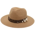 Detail of Panama straw hat with leopard print ribbon and white pearl floral accents - Khaki