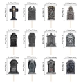Detailed dimensions of 12 Halloween cake toppers including RIP tombstones and grim reapers - Halloween Tombstone Cupcake Toppers 12Pcs