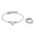 Silver twisted cable jewelry set featuring a heart charm bracelet and matching ring - Bracelet + Ring / Steel Color Set