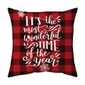 Red and black plaid Christmas pillow cover featuring festive white typography and snowflakes - Red Black Plaid Most Wonderful Time