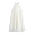 Elegantes weißes Neckholder Kleid mit Perlenverzierung und luftigem Netzstoff Saum - XS / Weiß