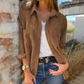 Caramel brown corduroy shirt jacket with metal studs and chest pocket details - S / Brown