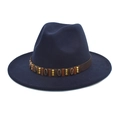 Detailed view of navy wool fedora hat with ethnic leather band and shell accents - M (56-58cm) / Navy Blue