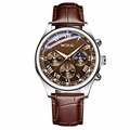 Men's business quartz chronograph watch with brown leather strap and moon phase dial - Brown Dial/Brown Strap/Silver Case