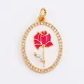 Elegant gold-plated copper pendant with a pink rose enamel center and zircon stones - Gold Oval Zirconia Inlaid Pink Rose V2