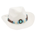Detail of white straw cowboy hat with ethnic beads and turquoise stone decoration - White