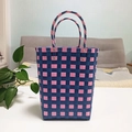 Handmade woven tote bag with pink and dark blue checkered pattern and metal rivets - Large / Blue Pink