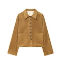 Brown faux suede jacket with button closure and large front pockets on white background - S / Bronze