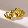 Macro shot of 18K gold plated heart shell earrings with ribbed texture on cream background - Heart Shell Shape(E5423G)