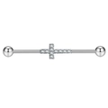 Silver industrial barbell earring with a clear zircon cross center and screw balls - Cross