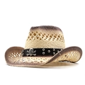 Handmade raffia western cowboy hat with gradient weave and metal skull ornament - Adjustable (56-58cm) / Beige Coffee