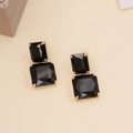 Square macaron black crystal drop earrings with elegant gold metal setting for women - Black