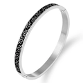 Polished silver stainless steel bangle featuring white daisy patterns on black enamel background - Steel Black