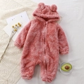 Pink plush baby romper with bear ears and hood made of soft warm fleece material - 66cm / Pink