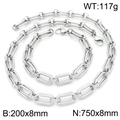 Silver stainless steel paperclip chain necklace and bracelet set with size specifications - Bracelet 200x8mm + Necklace 750x8mm
