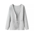 Women's minimalist long-sleeve grey knit cardigan sweater with waist tie-belt - S / Light Gray