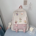 Detail of cream white and pink canvas school backpack with cute bear pendant - Pink + 5a Badge + Blush Bear