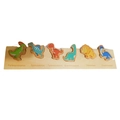 Wooden dinosaur shape sorting puzzle with colorful pieces and names on base - Dinosaur