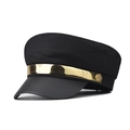 Detailed close-up of newsboy cap with gold metal band and decorative letter M engraving - Black (Gold Trim)