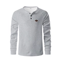 Detail of grey waffle knit Henley shirt with three-button placket and leather chest patch - Light Gray