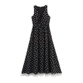 Elegante mouwloze maxi-jurk met polkadots, V-hals, kant en trekkoord in de taille - XS / Zwart