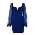 Detail view of the V-neck mesh lantern sleeves and ruching texture on the navy mini dress - S / Dark Blue