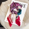 Silk-feel square scarf with pink floral prints and red borders on beige blazer - 96 Square Scarves / 65