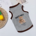Detail of grey pet vest with brown trim showing cute teddy bear print and soft fabric - Gray